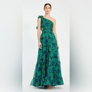 MAC DUGGAL Dress Size 12 Evening Gown Ruffle Ruched Floral Print One Shoulder